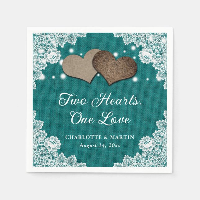 Guardanapo De Papel Romântica Rustic Burlap e Lace Teal Weds (Frente)