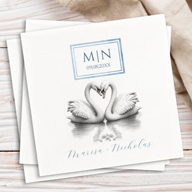 Guardanapo De Papel Romântico Swan Wedding Napkins Blue Monograma (Romantic Swan Napkins)
