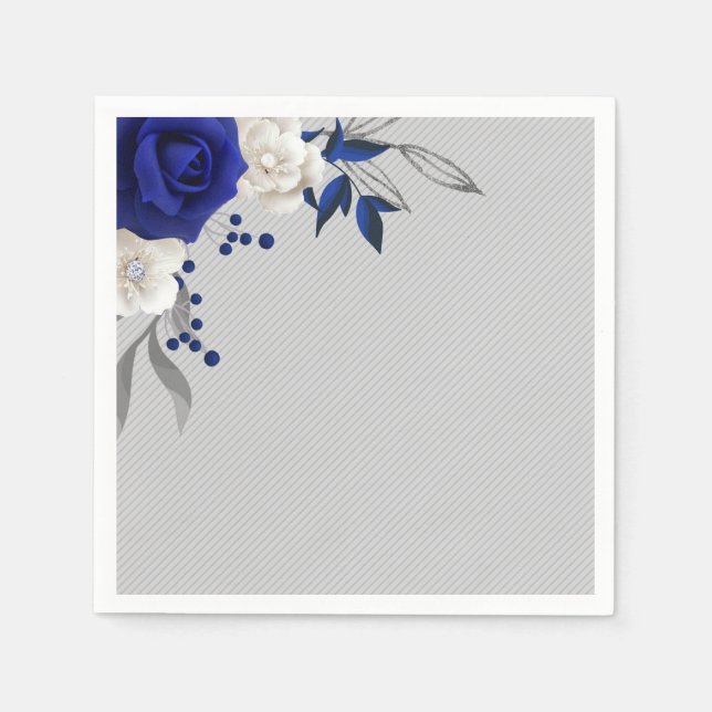 Guardanapo De Papel rosa azul real flores brancas cinza casamento (Frente)