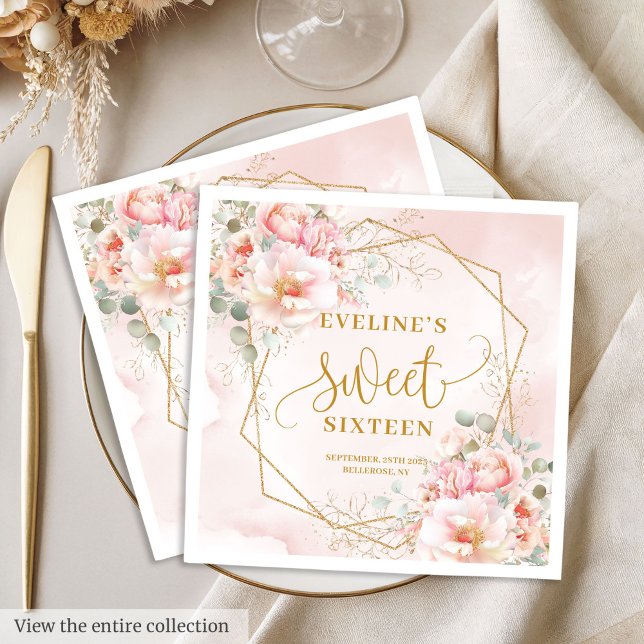 Guardanapo De Papel Rosa Claro Chique com Flores Douradas Sweet Sixtee (Fancy Light Pink with Gold Flowers Sweet Sixteen Napkins)