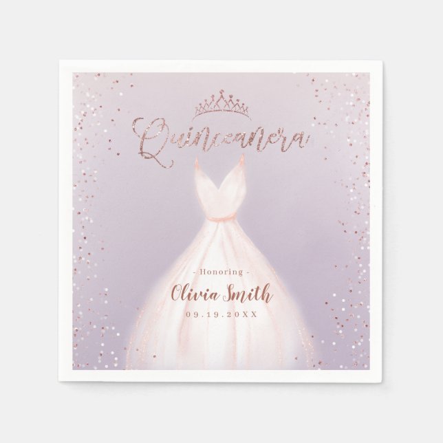 Guardanapo De Papel Rosa de ouro roxo com quinceñera vestido (Frente)