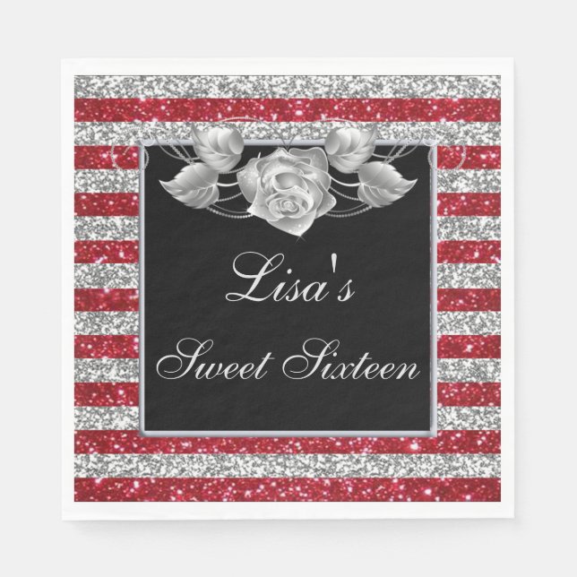 Guardanapo De Papel Rosa de Prata Vermelha Elegante Doce 16 (Frente)