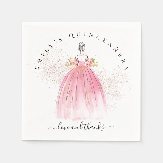 Guardanapo De Papel Rosa Dourada Glitter Girl Gown Quinceañera (Frente)