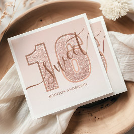 Guardanapo De Papel Rosa Dourado Brilho Letra Doce Aniversário de 16 A