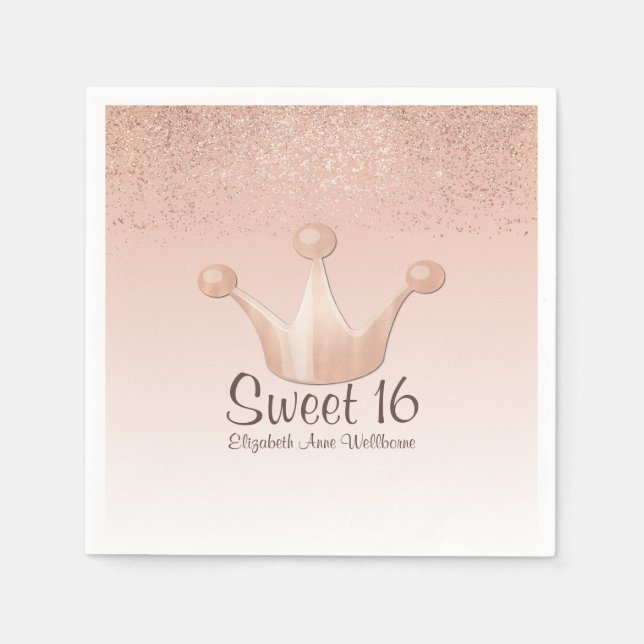 Guardanapo De Papel Rosa Dourado Crown Sweet 16 Paper Napkins (Frente)