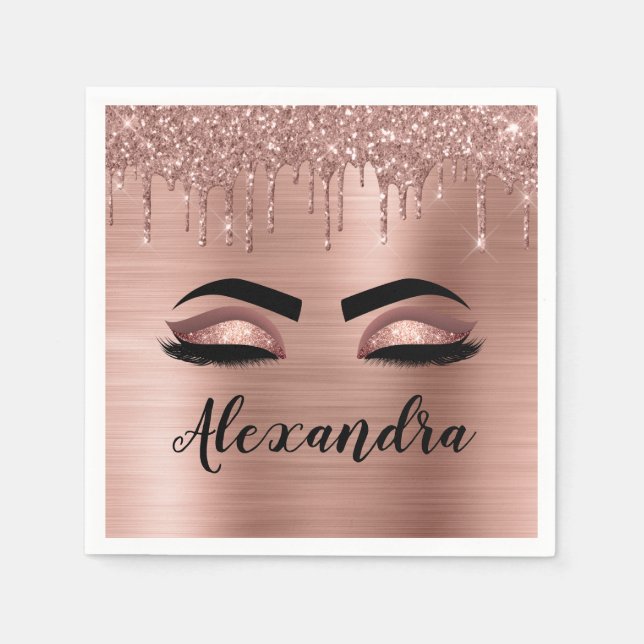 Guardanapo De Papel Rosa Dourado Glitter Sparkle Eyelashes Monograma (Frente)