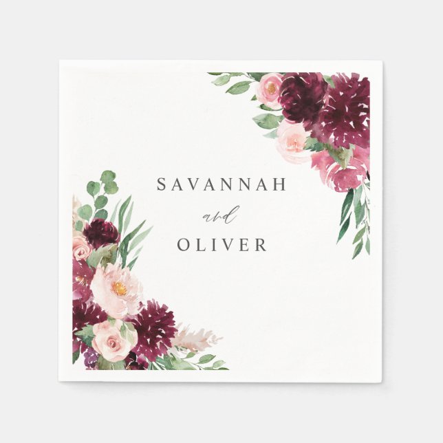 Guardanapo De Papel Rosa e Borgonha Floral 7 Nome Napkins (Frente)