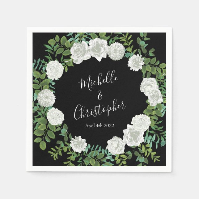 Guardanapo De Papel Rosa Floral Preto e Branco Casamento (Frente)