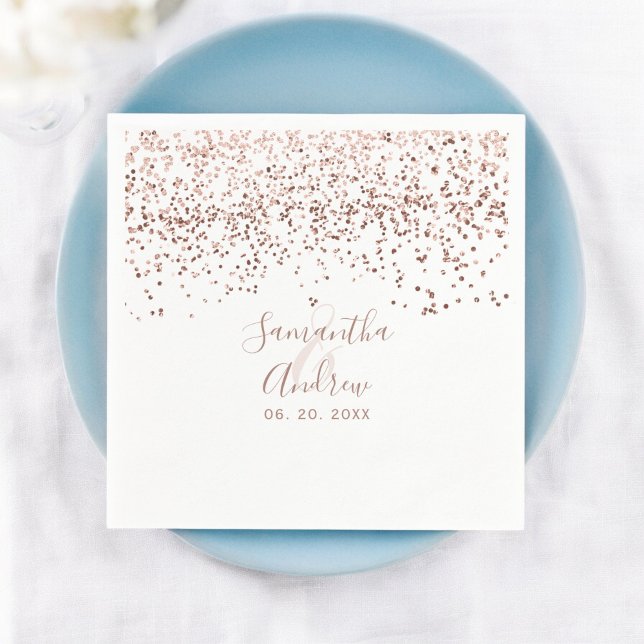 Guardanapo De Papel Rosa gold confetti White Typografia Casada (Rose gold confetti white typography wedding napkins)