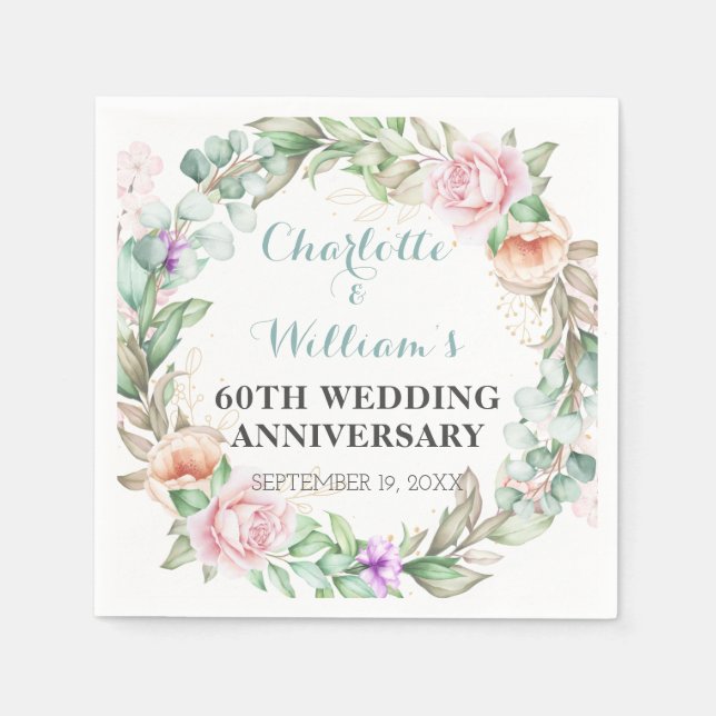 Guardanapo De Papel Rosa Greenery 60º Aniversário de Casamento Diamant (Frente)