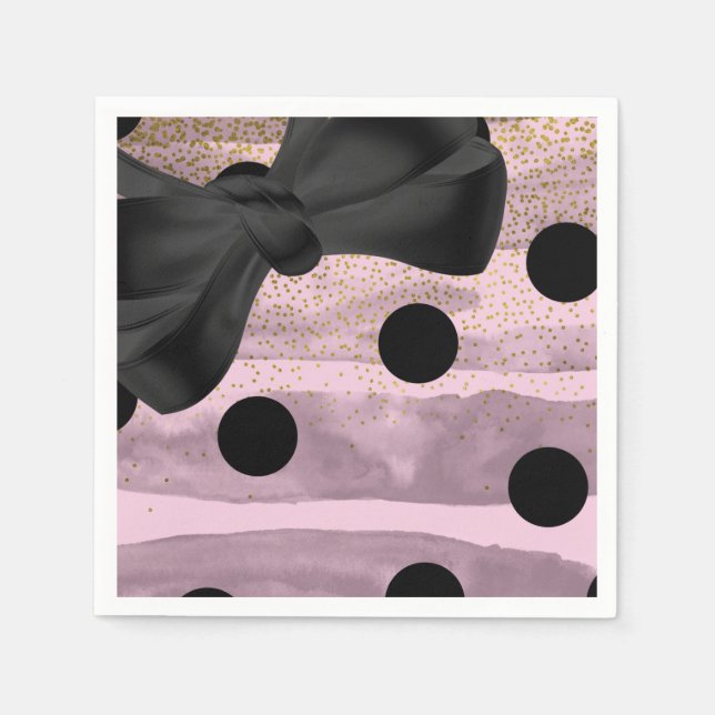 Guardanapo De Papel Rosa Preto e Dourado Pontos Polca Chique Laço Glam (Frente)