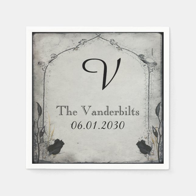 Guardanapo De Papel Rosa preto gótico Trellis Monograma Casamento (Frente)