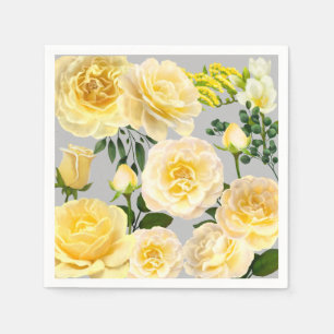 Guardanapo De Papel Rosas Amarelas cremosas Vintage Floral na Cinza
