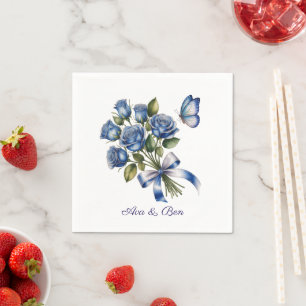 Guardanapo De Papel Rosas Azuis Elegantes e Borboleta Casamento Prata