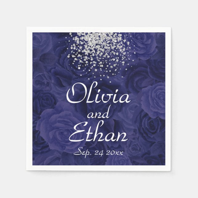 Guardanapo De Papel Rosas Azuis Reais e Lixeira de Prata (Frente)