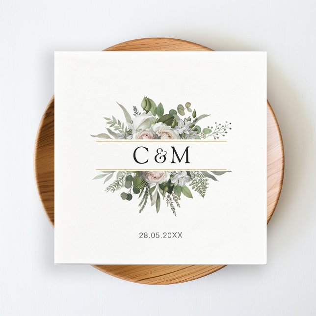 Guardanapo De Papel Rosas brancas de eucalipto simples e elegantes (Criador carregado)