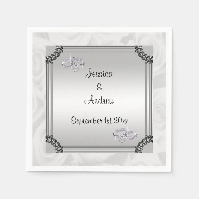 Guardanapo De Papel Rosas Brancas e Anéis de Casamento Diamante (Frente)