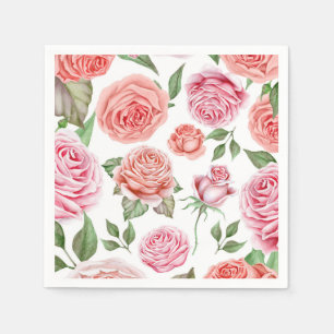 Guardanapo De Papel Rosas Cor-de-Coral Rosa Folhas Verdejantes Charme 