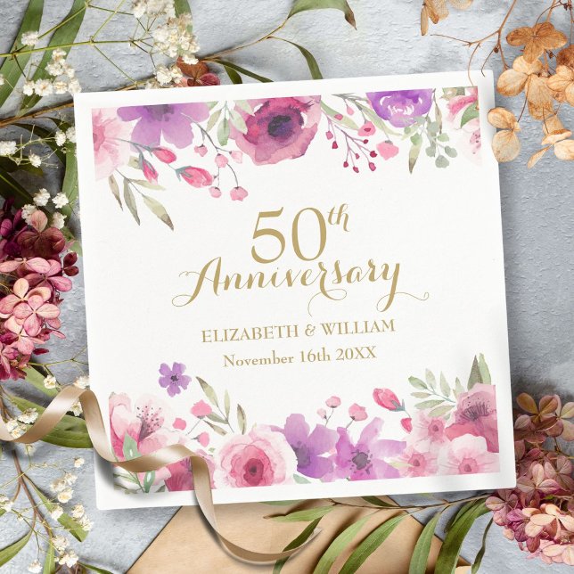 Guardanapo De Papel Rosas de aguarela floral do 50º aniversário, folha (50th Anniversary Floral Watercolour Roses Greenery Napkins)