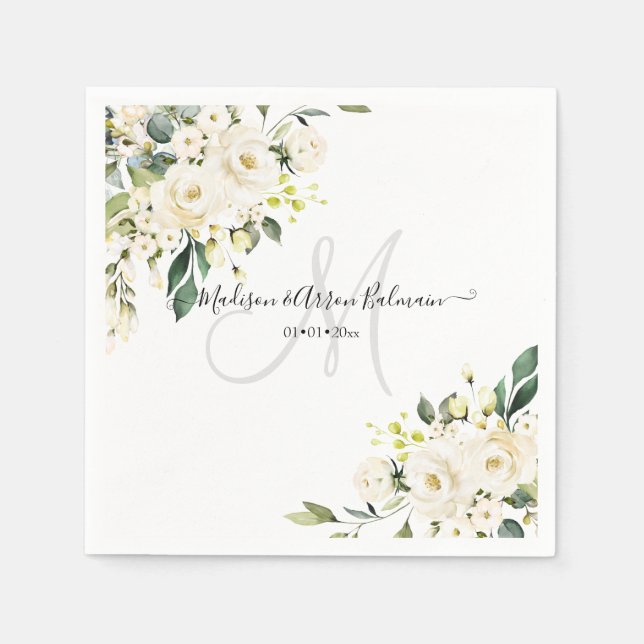 Guardanapo De Papel Rosas de Alabastro Monograma Floral Aquarela (Frente)