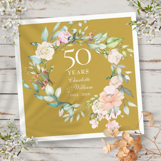 Guardanapo De Papel rosas de aniversário de 50 anos Ouro floral (50th Wedding Anniversary Roses Floral Golden Napkins)