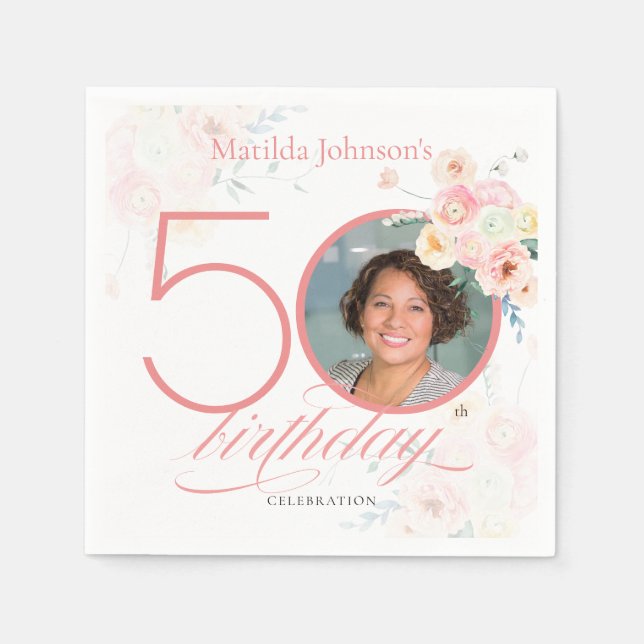 Guardanapo De Papel Rosas de Aquarela Foto Elegante Rosa 50º Aniversár (Frente)