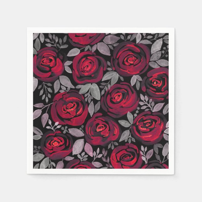 Guardanapo De Papel Rosas de aquarelas, rosas vermelhas a preto (Frente)