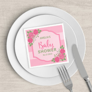 Guardanapo De Papel Rosas e riscas cor-de-rosa Chá de fraldas