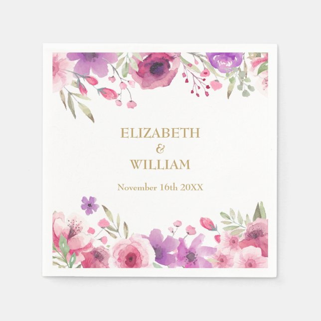 Guardanapo De Papel Rosas em Aquarela do 50º Aniversário Folhagem (Frente)