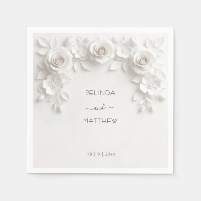 Guardanapo De Papel Rosas Florais Brancas em 3D | Casamento (Frente)
