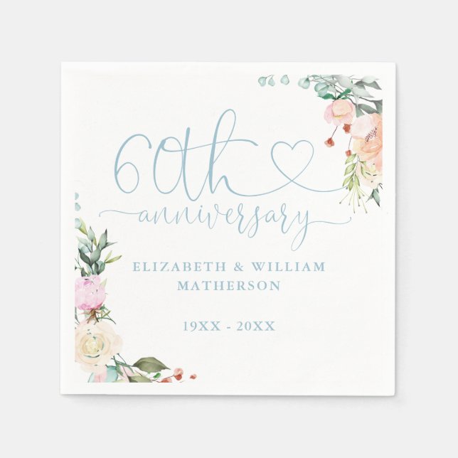 Guardanapo De Papel Rosas Florais Coração Dourado de 60 Anos (Frente)