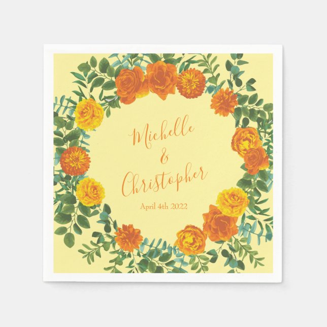 Guardanapo De Papel Rosas Florais de Casamento Laranja Amarelo (Frente)