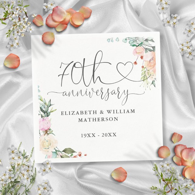 Guardanapo De Papel Rosas Florais Douradas do 70º Aniversário (70th Anniversary Gold Heart Roses Floral Napkins)