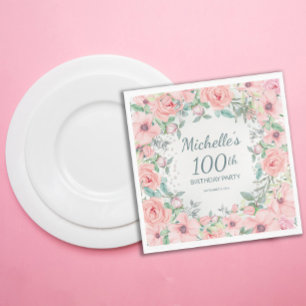 Guardanapo De Papel Rosas Florais em Aquarela Rosa e Pérolas Aniversár