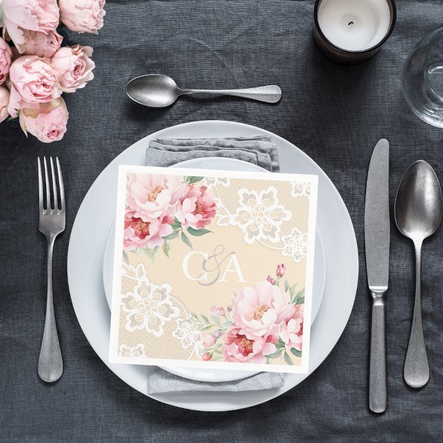 Guardanapo De Papel Rosas rosa-beige rosas florais monograma casamento (Criador carregado)