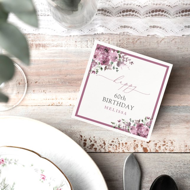 Guardanapo De Papel Rosas Roxos Elegantes 60ª Festa de aniversário (Criador carregado)