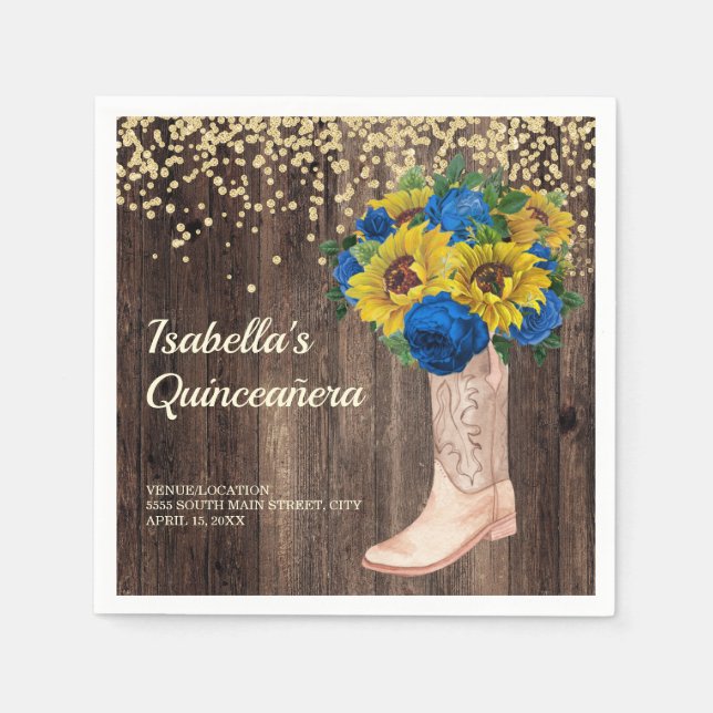 Guardanapo De Papel Rosas Russos de Azul de Girassol Boots Quinceañera (Frente)