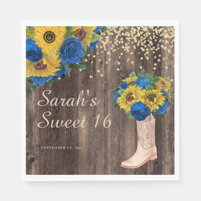 Guardanapo De Papel Rosas Rustic Sunflower Blue Boots Sweet 16 (Frente)