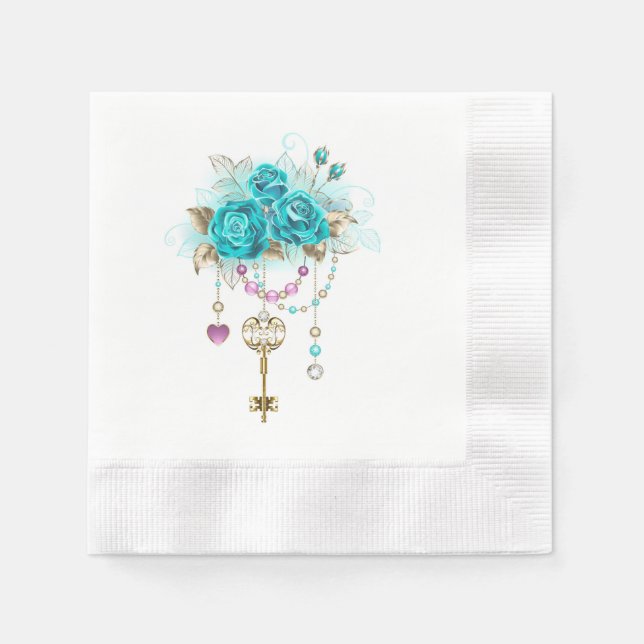 Guardanapo De Papel Rosas Turquesas com Chaves (Frente)