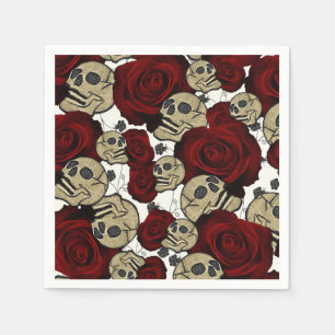 Guardanapo De Papel Rosas Vermelhas & Caveiras Cinza Preto Floral Góti