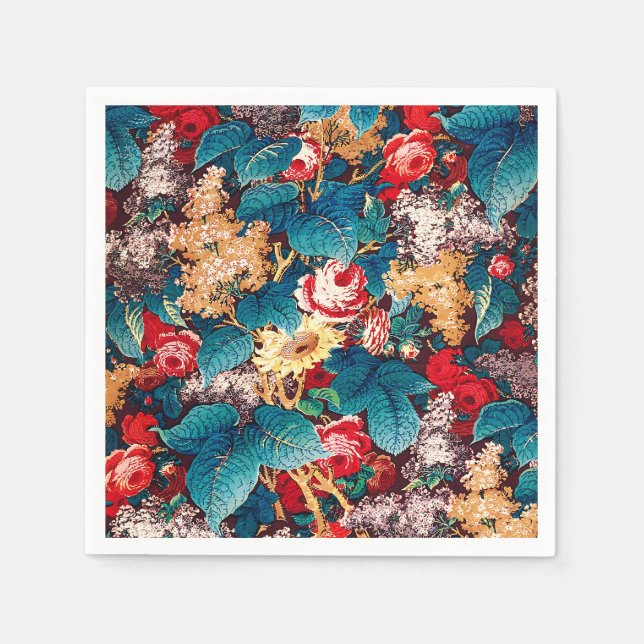 Guardanapo De Papel Rosas vermelhas de vindima e padrão floral lilás (Frente)