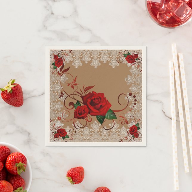 Guardanapo De Papel Rosas vermelhas e rendas - Papel personalizado Náp (Insitu)