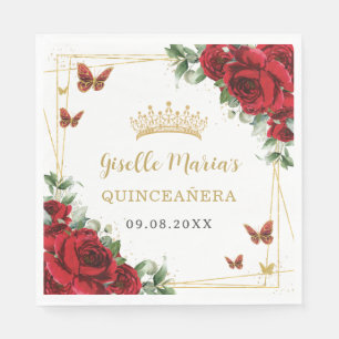 Guardanapo De Papel Rosas Vermelhas Floral Borboletas Douradas Quincea