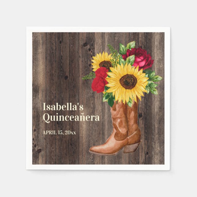 Guardanapo De Papel Rosas vermelhas Girassóis Cowgirl Boots Quinceaner (Frente)