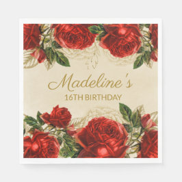Guardanapo De Papel Rosas Vermelhas Vintage Elegantes Aniversário de 1