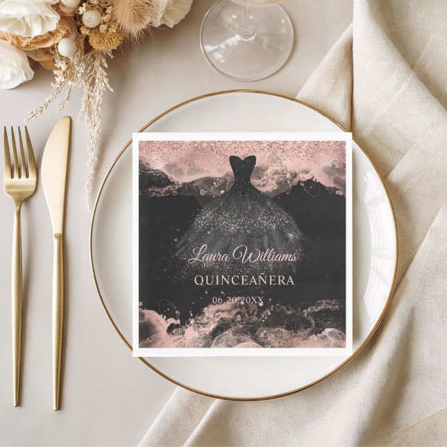 Guardanapo De Papel Rose Gold & Black Princess Quinceañera  (Rose Gold Princess Quinceañera Birthday Napkins)