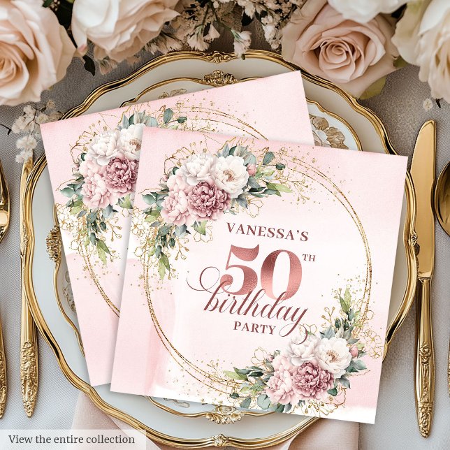 Guardanapo De Papel Rose Gold Blush Floral 50th Birthday Party Napkins (Rose gold floral 50th birthday,
dusty pink blush gold glitter,
opulent Soft pastel   pink flowers, 
)