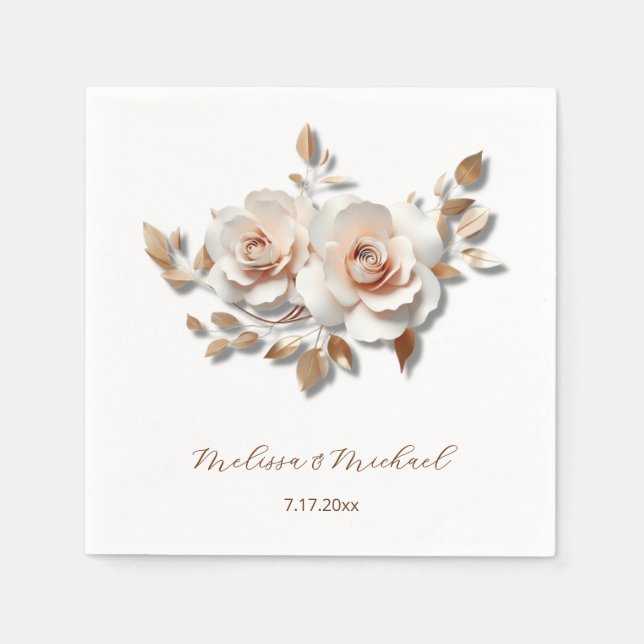 Guardanapo De Papel Rose Gold Blush Pink 3D Roses Your Names Wedding (Frente)