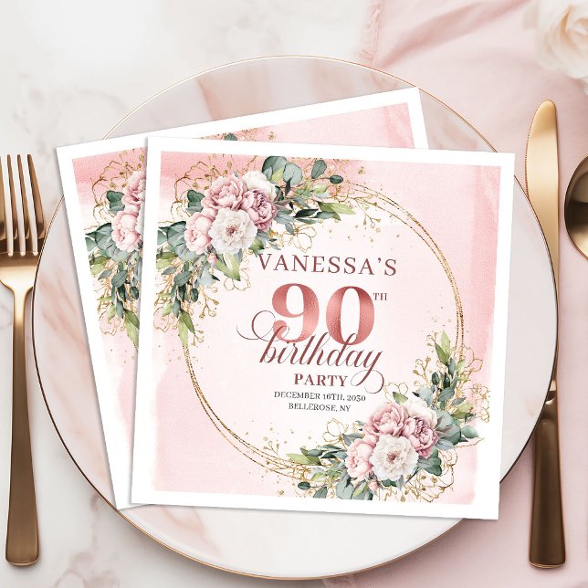 Guardanapo De Papel Rose Gold Dusty Pink Boho Floral 90th Birthday  (Rose Gold Dusty Pink Boho Floral 90th Birthday Napkins)