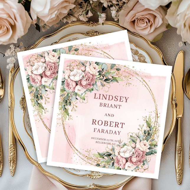 Guardanapo De Papel Rose Gold Floral Greenery Gold Glitter Wedding  (Rose Gold Floral Greenery Gold Glitter Wedding Napkins)